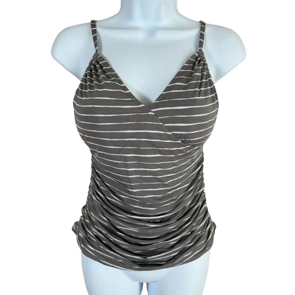 Garnet Hill Size 8 Bathing Suit Swimsuit Top Tankini Padded Striped‎ Beige White